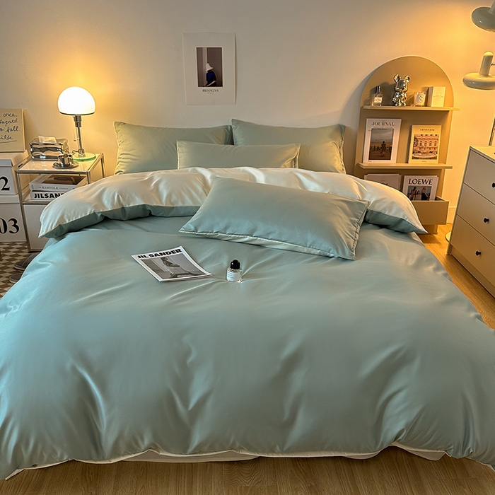 91家纺网 家纺一手货源 找家纺 缦绣阁家纺  2026新款夏季轻奢水洗冰丝四件套真丝简约纯色被罩被套学生宿舍三件套-洛可可系列 洛可可-水绿+芝士