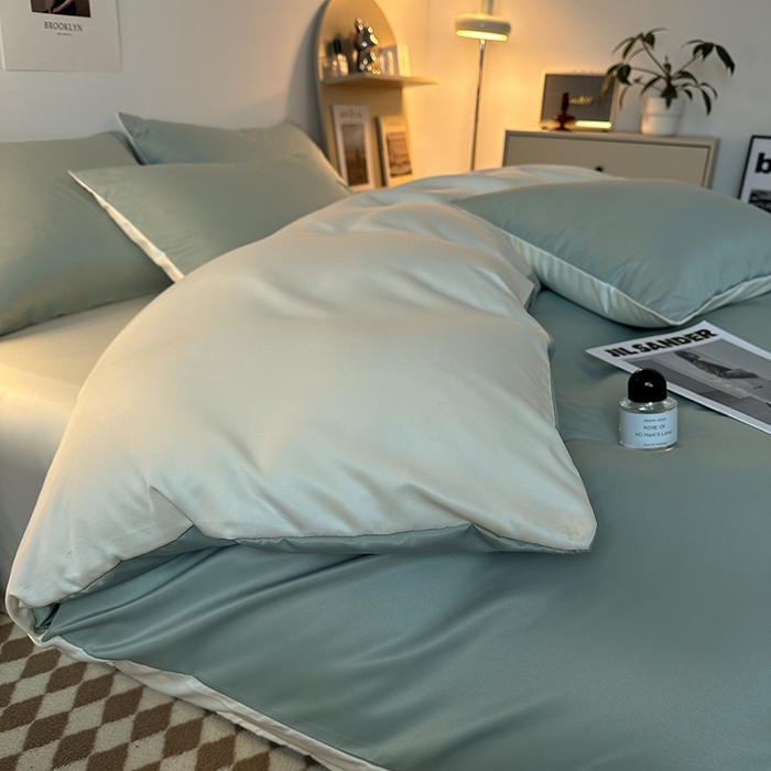 91家纺网 家纺一手货源 找家纺 缦绣阁家纺  2026新款夏季轻奢水洗冰丝四件套真丝简约纯色被罩被套学生宿舍三件套-洛可可系列 洛可可-水绿+芝士