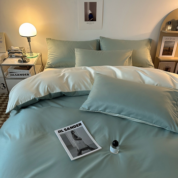 91家纺网 家纺一手货源 找家纺 缦绣阁家纺  2026新款夏季轻奢水洗冰丝四件套真丝简约纯色被罩被套学生宿舍三件套-洛可可系列 洛可可-水绿+芝士