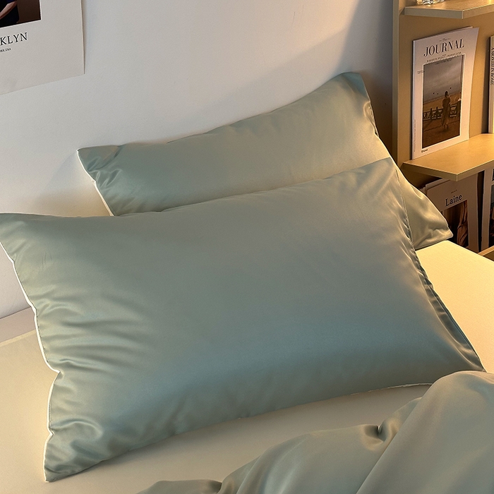 91家纺网 家纺一手货源 找家纺 缦绣阁家纺  2026新款夏季轻奢水洗冰丝四件套真丝简约纯色被罩被套学生宿舍三件套-洛可可系列 洛可可-水绿+芝士