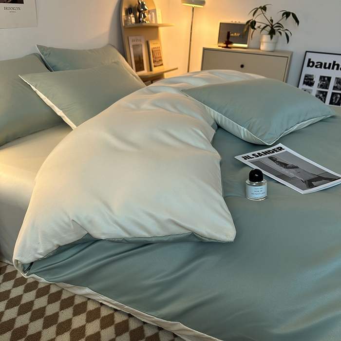 91家纺网 家纺一手货源 找家纺 缦绣阁家纺  2026新款夏季轻奢水洗冰丝四件套真丝简约纯色被罩被套学生宿舍三件套-洛可可系列 洛可可-水绿+芝士