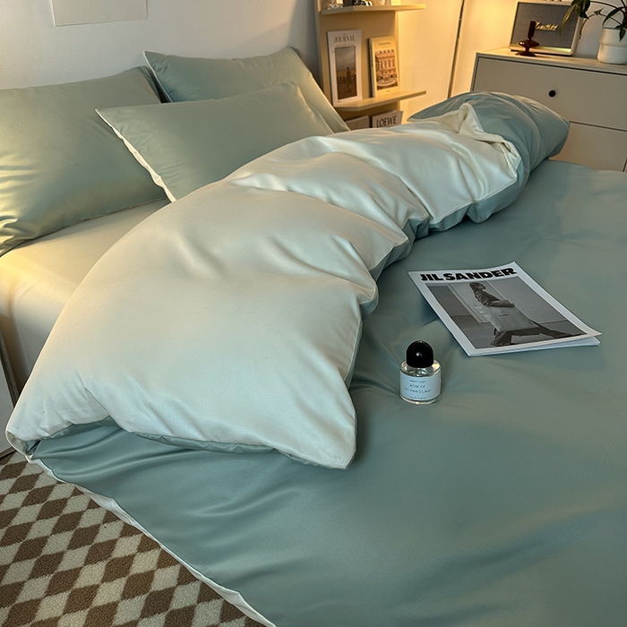 91家纺网 家纺一手货源 找家纺 缦绣阁家纺  2026新款夏季轻奢水洗冰丝四件套真丝简约纯色被罩被套学生宿舍三件套-洛可可系列 洛可可-水绿+芝士