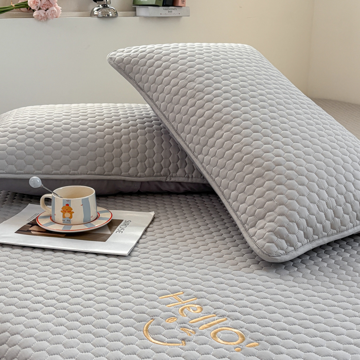 91家纺网 家纺一手货源 找家纺 居眠 2026新款微笑全棉夹棉单枕套枕套单件 微笑-灰色