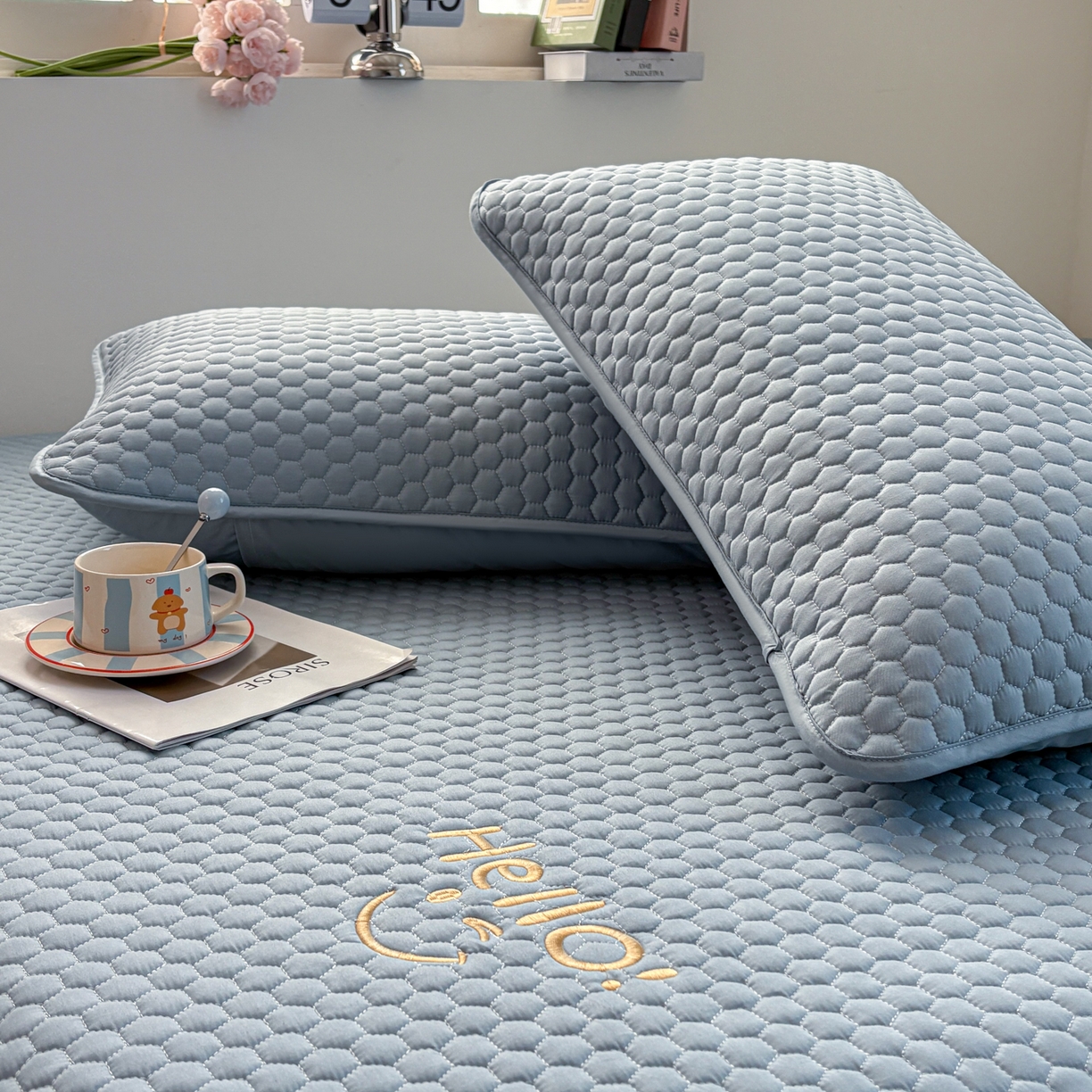 91家纺网 家纺一手货源 找家纺 居眠 2026新款微笑全棉夹棉单枕套枕套单件 微笑-蓝色