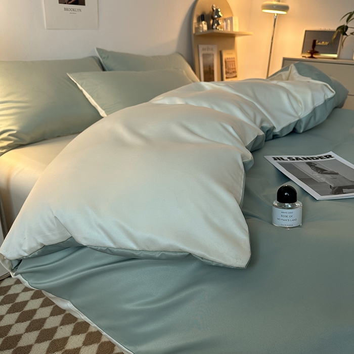 91家纺网 家纺一手货源 找家纺 缦绣阁家纺  2026新款夏季轻奢水洗冰丝四件套真丝简约纯色被罩被套学生宿舍三件套-洛可可系列 洛可可-水绿+芝士