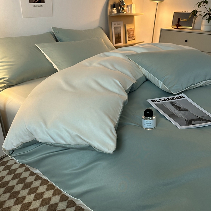 91家纺网 家纺一手货源 找家纺 缦绣阁家纺  2026新款夏季轻奢水洗冰丝四件套真丝简约纯色被罩被套学生宿舍三件套-洛可可系列 洛可可-水绿+芝士