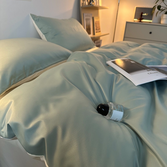 91家纺网 家纺一手货源 找家纺 缦绣阁家纺  2026新款夏季轻奢水洗冰丝四件套真丝简约纯色被罩被套学生宿舍三件套-洛可可系列 洛可可-水绿+芝士