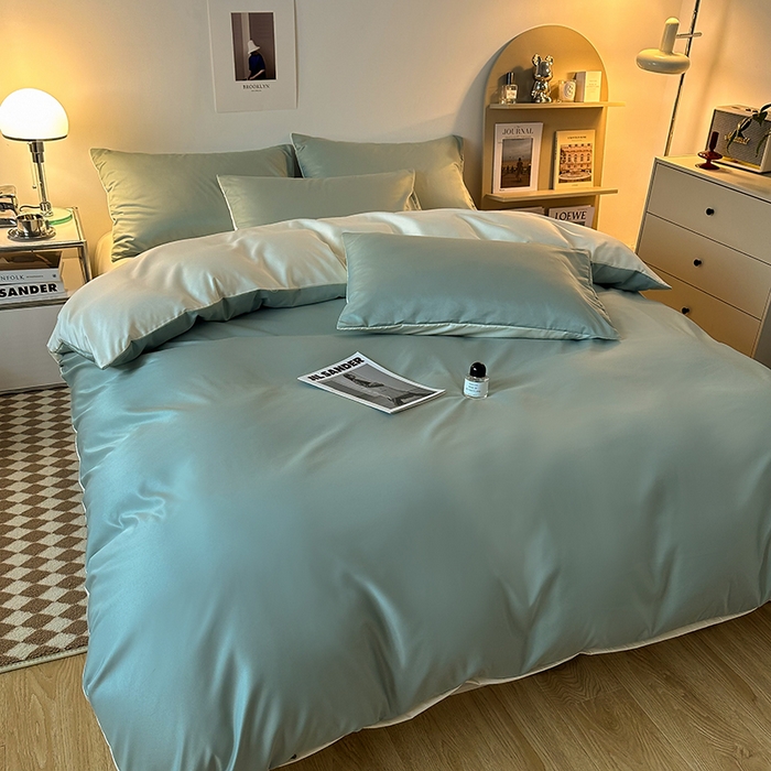 91家纺网 家纺一手货源 找家纺 缦绣阁家纺  2026新款夏季轻奢水洗冰丝四件套真丝简约纯色被罩被套学生宿舍三件套-洛可可系列 洛可可-水绿+芝士