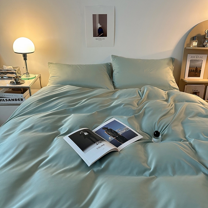 91家纺网 家纺一手货源 找家纺 缦绣阁家纺  2026新款夏季轻奢水洗冰丝四件套真丝简约纯色被罩被套学生宿舍三件套-洛可可系列 洛可可-水绿+芝士