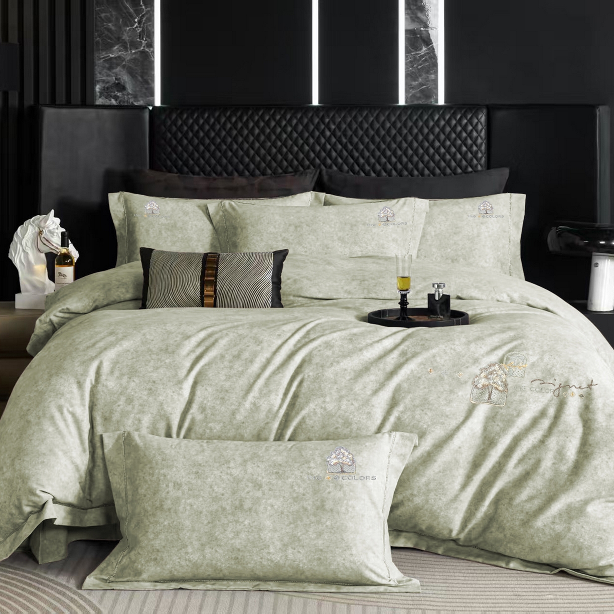 91家纺网 家纺一手货源 找家纺 玖玖爱家纺 2026新款波尔卡全棉全工艺AB版刺绣四件套 浅绿