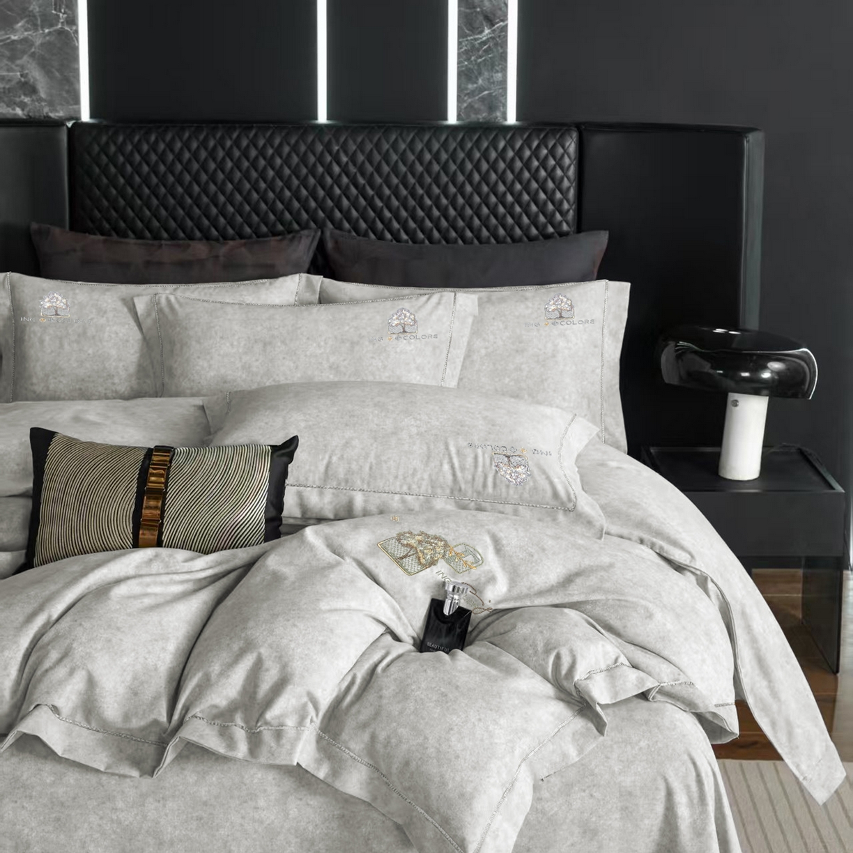 玖玖爱家纺 2026新款波尔卡全棉全工艺AB版刺绣四件套 银灰