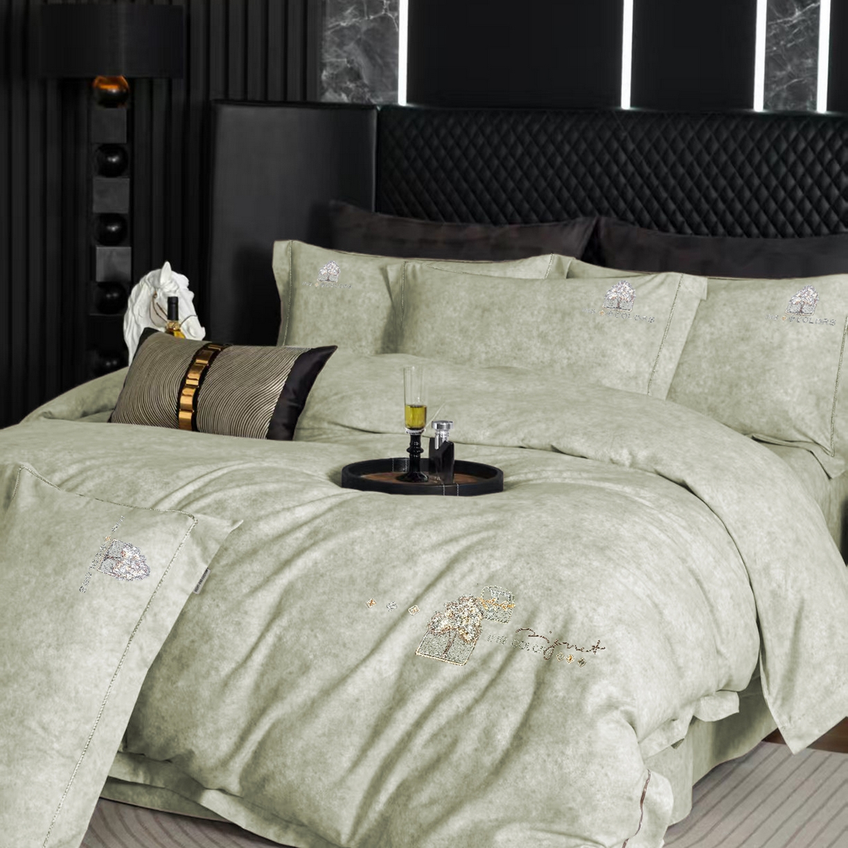 91家纺网 家纺一手货源 找家纺 玖玖爱家纺 2026新款波尔卡全棉全工艺AB版刺绣四件套 浅绿