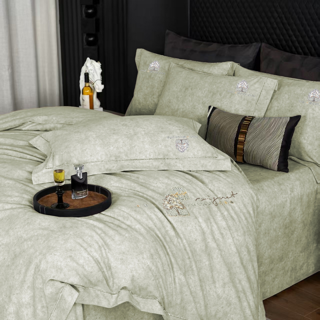 91家纺网 家纺一手货源 找家纺 玖玖爱家纺 2026新款波尔卡全棉全工艺AB版刺绣四件套 浅绿