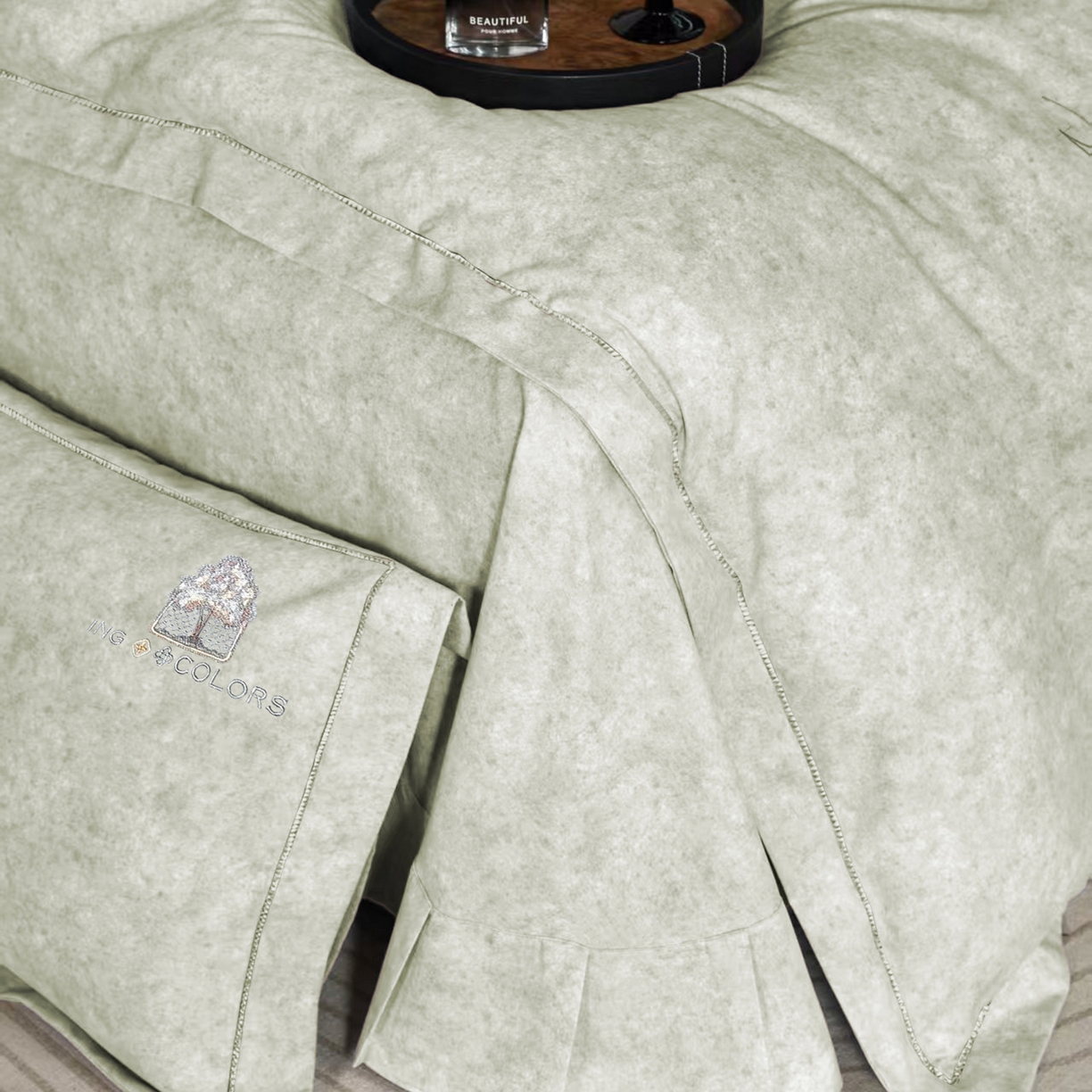 91家纺网 家纺一手货源 找家纺 玖玖爱家纺 2026新款波尔卡全棉全工艺AB版刺绣四件套 浅绿