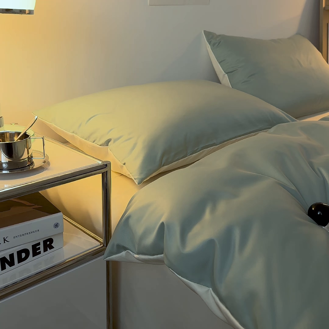 91家纺网 家纺一手货源 找家纺 缦绣阁家纺  2026新款夏季轻奢水洗冰丝四件套真丝简约纯色被罩被套学生宿舍三件套-洛可可系列 洛可可-水绿+芝士