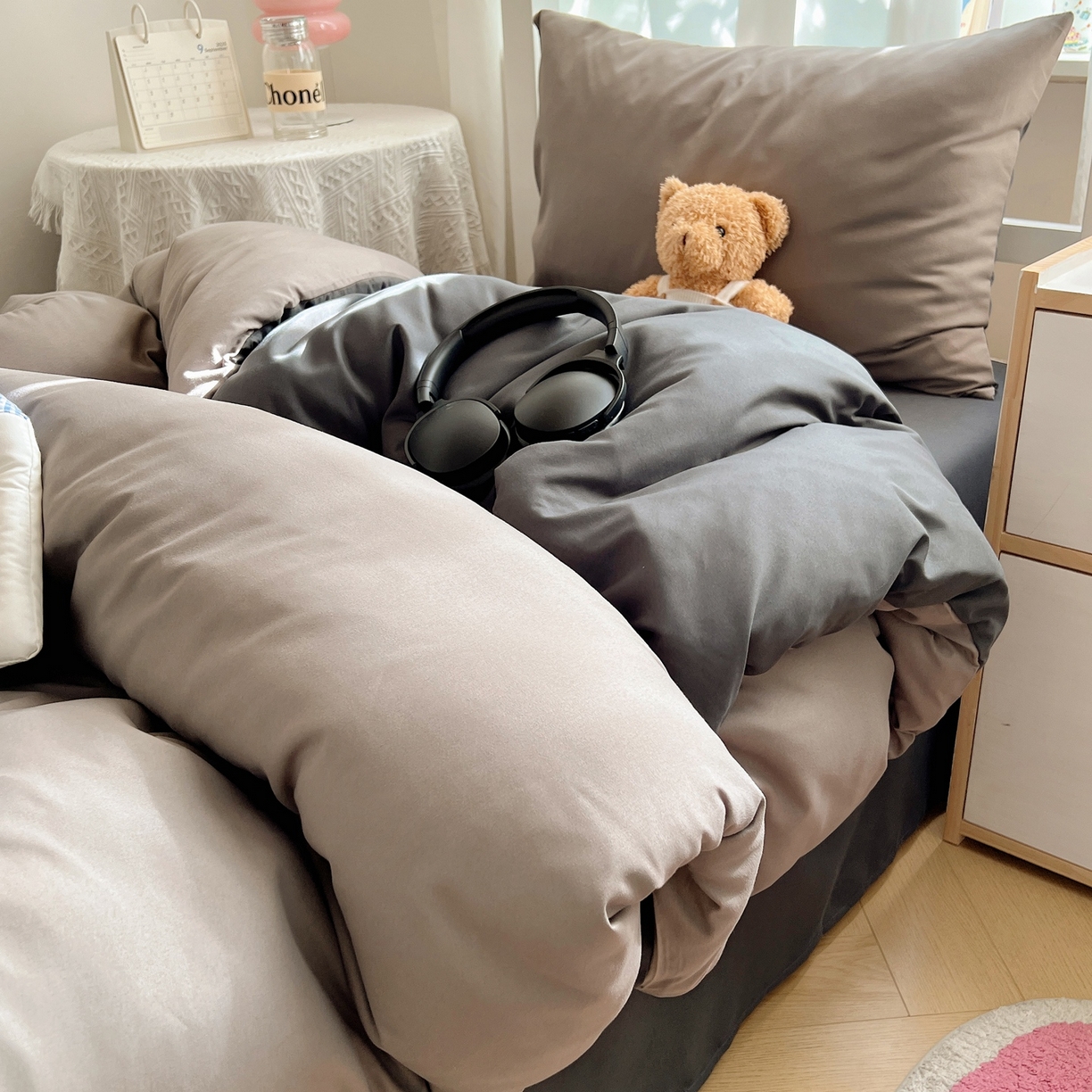 91家纺网 家纺一手货源 找家纺 缦绣阁家纺 2026新款亲肤水洗棉纯色四件套床单被罩被套单件学生宿舍上下铺单人三件套 浅灰深灰