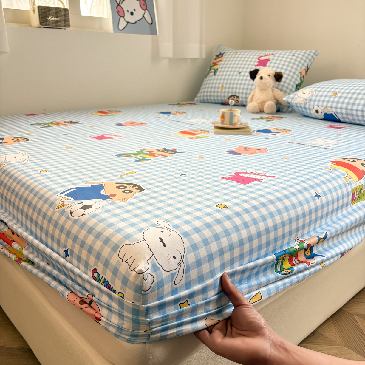 91家纺网 家纺一手货源 找家纺 居眠 2026新款全棉纯棉印花单层蜡笔小新单床笠床笠单件 蓝格小新