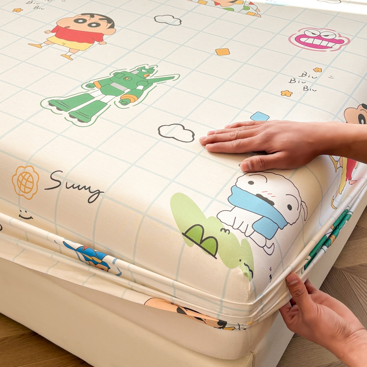 91家纺网 家纺一手货源 找家纺 居眠 2026新款全棉纯棉印花单层蜡笔小新单床笠床笠单件 休闲小新