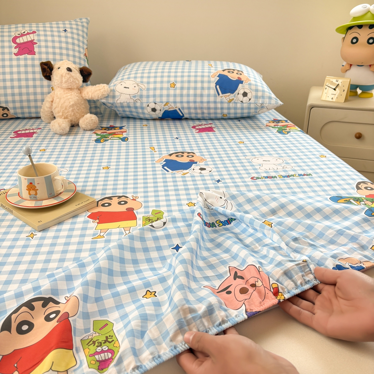 91家纺网 家纺一手货源 找家纺 居眠 2026新款全棉纯棉印花单层蜡笔小新单床笠床笠单件 蓝格小新