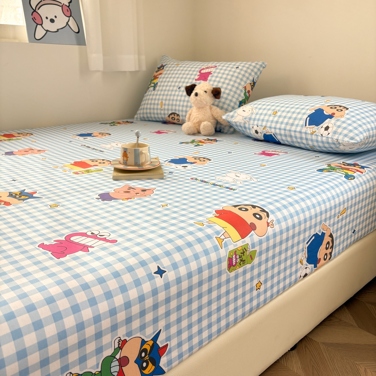 91家纺网 家纺一手货源 找家纺 居眠 2026新款全棉纯棉印花单层蜡笔小新单床笠床笠单件 蓝格小新