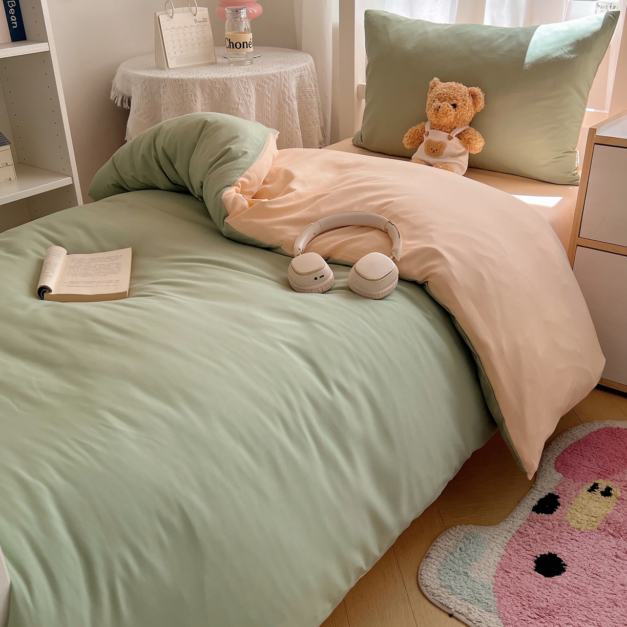 91家纺网 家纺一手货源 找家纺 缦绣阁家纺 2026新款亲肤水洗棉纯色四件套床单被罩被套单件学生宿舍上下铺单人三件套 浅绿浅驼