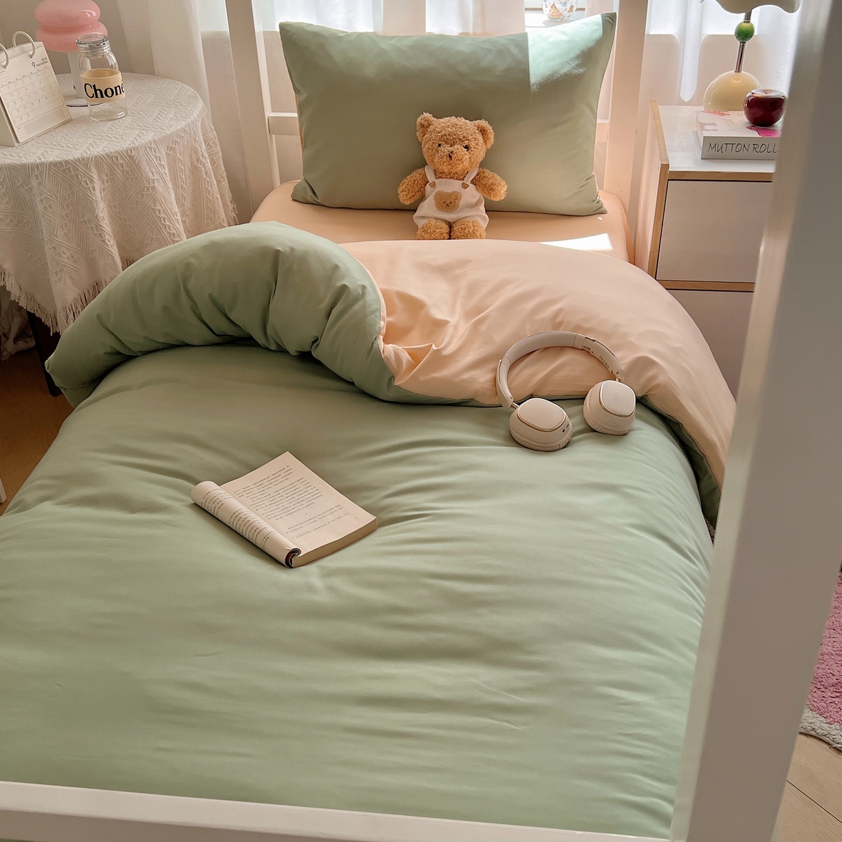 91家纺网 家纺一手货源 找家纺 缦绣阁家纺 2026新款亲肤水洗棉纯色四件套床单被罩被套单件学生宿舍上下铺单人三件套 浅绿浅驼