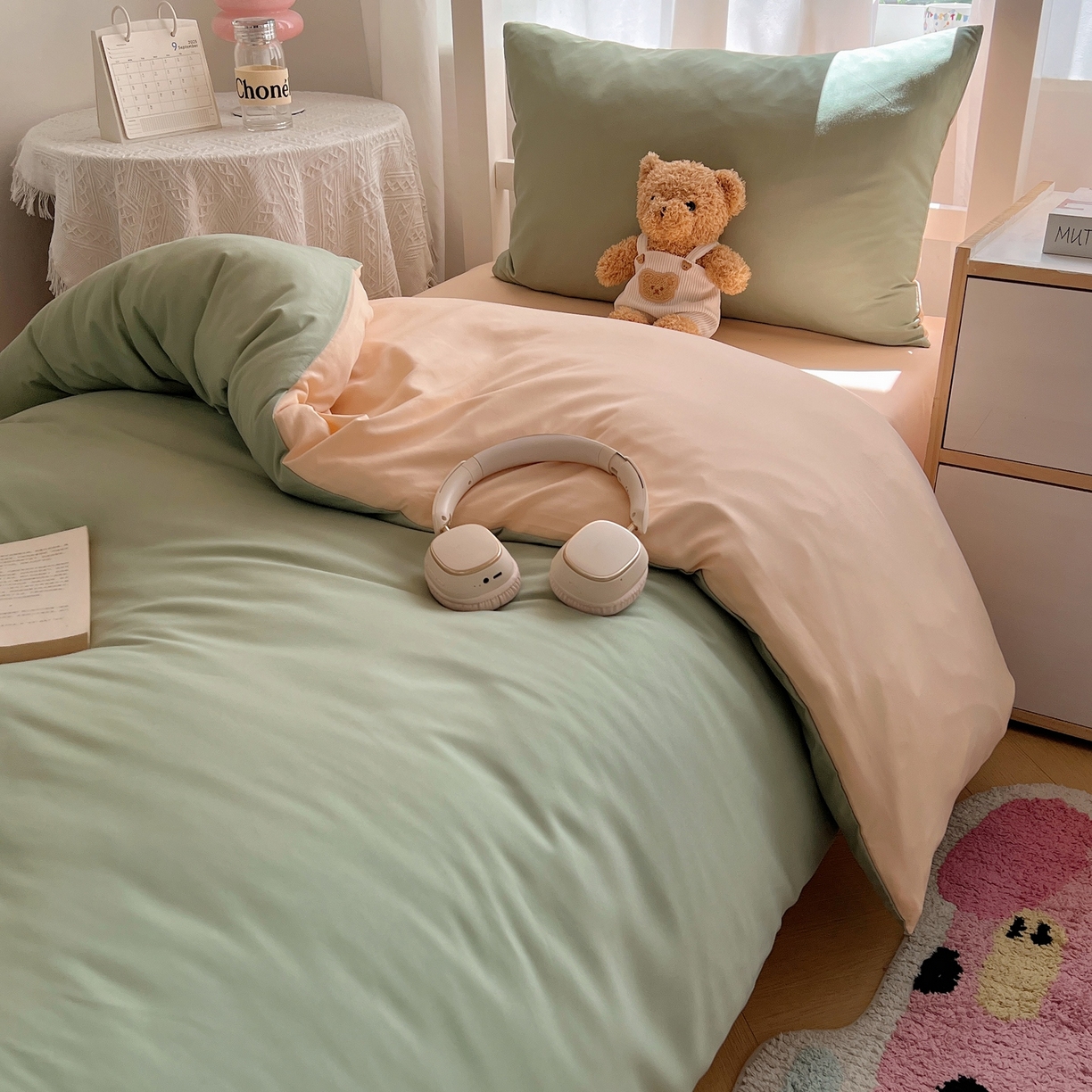 91家纺网 家纺一手货源 找家纺 缦绣阁家纺 2026新款亲肤水洗棉纯色四件套床单被罩被套单件学生宿舍上下铺单人三件套 浅绿浅驼