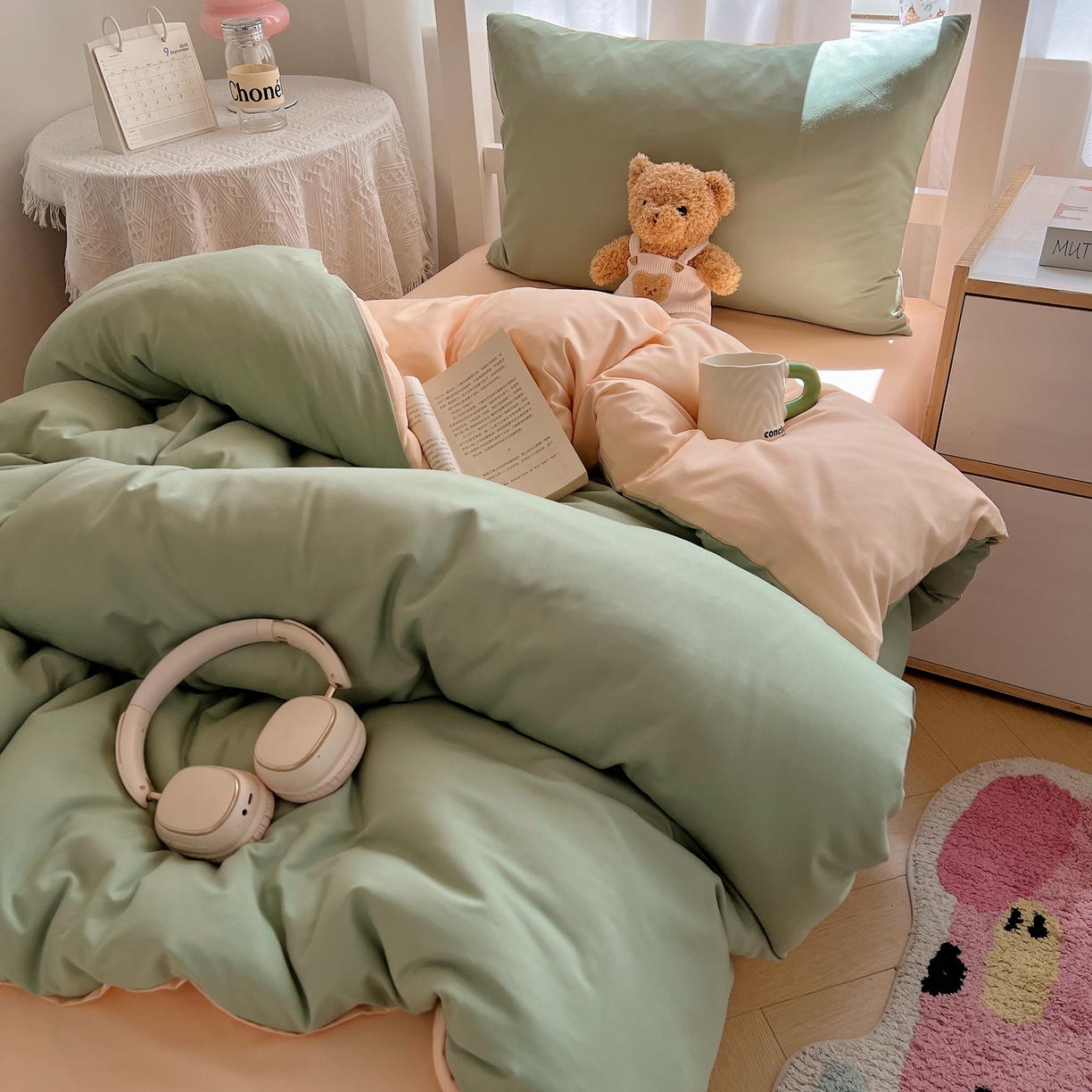 91家纺网 家纺一手货源 找家纺 缦绣阁家纺 2026新款亲肤水洗棉纯色四件套床单被罩被套单件学生宿舍上下铺单人三件套 浅绿浅驼