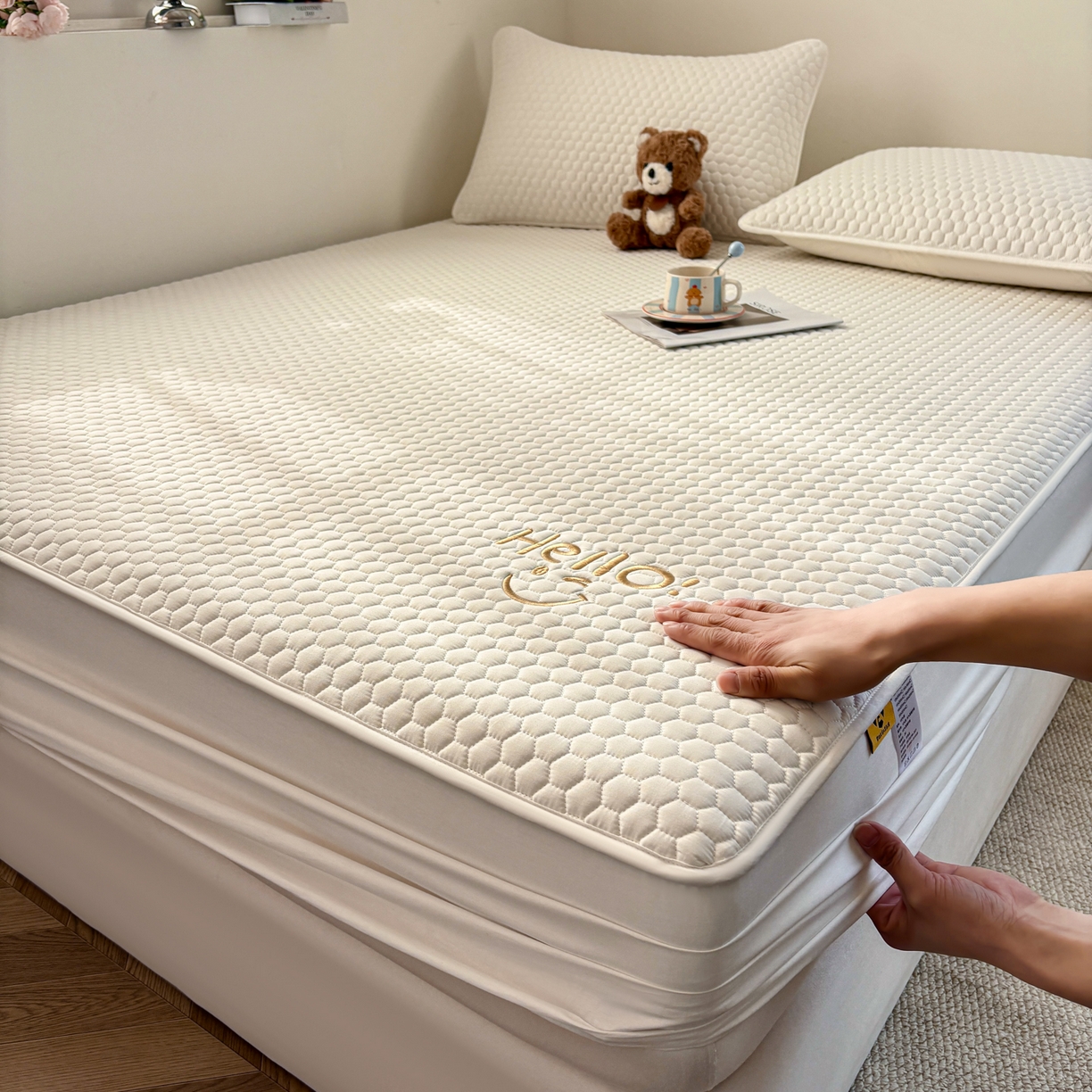 91家纺网 家纺一手货源 找家纺 （总）居眠 2026新款微笑全棉夹棉单床笠床笠单件,微笑-白色,微笑-粉色,微笑-灰色,微笑-卡其,微笑-蓝色,组合图仅供展示-不可下单