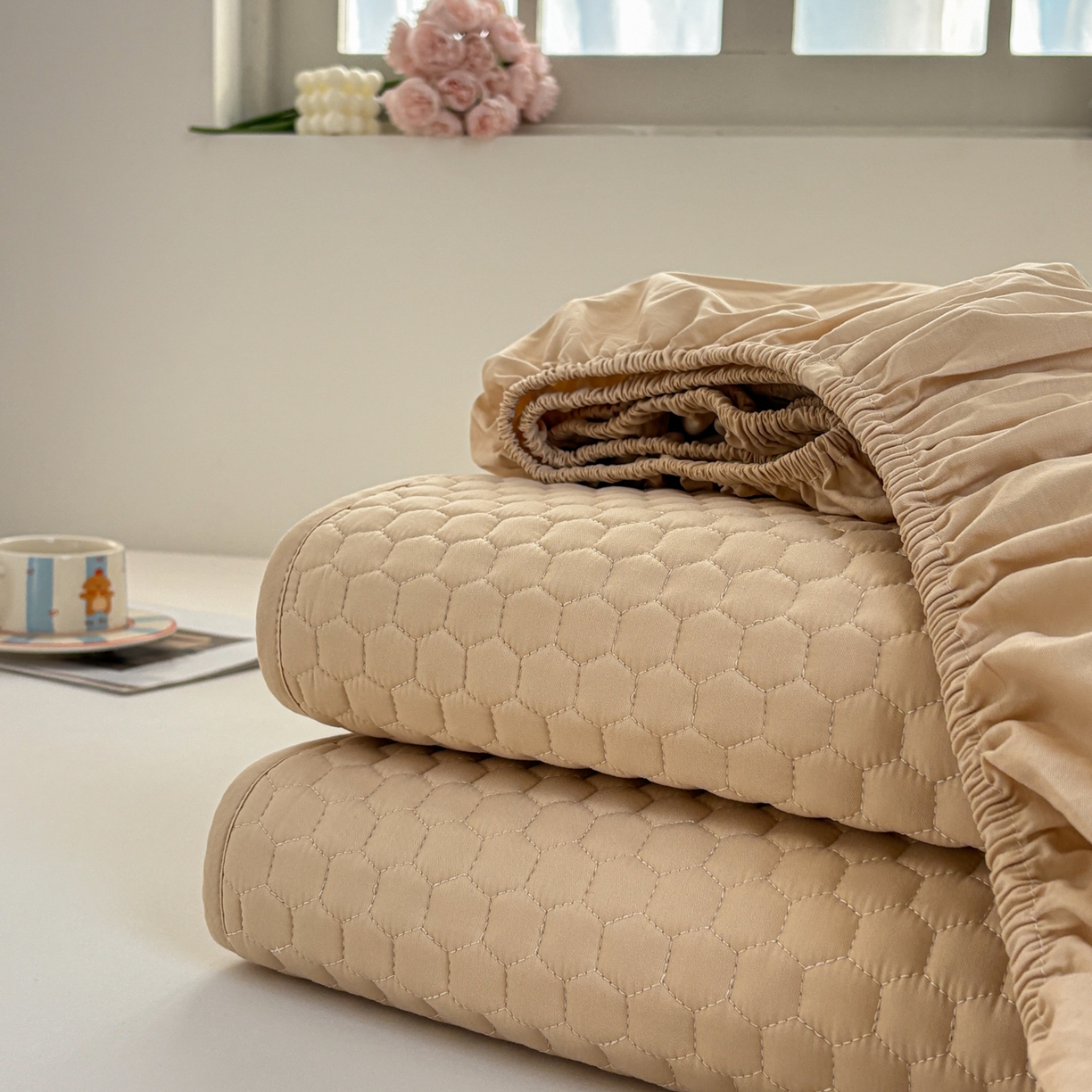 91家纺网 家纺一手货源 找家纺 居眠 2026新款微笑全棉夹棉单床笠床笠单件 组合图仅供展示-不可下单