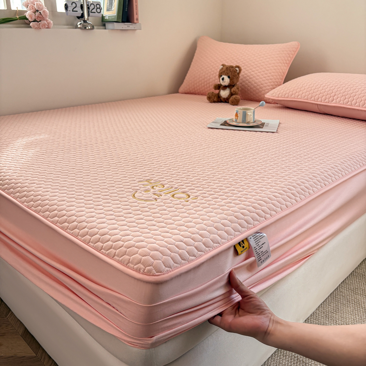 91家纺网 家纺一手货源 找家纺 居眠 2026新款微笑全棉夹棉单床笠床笠单件 微笑-粉色