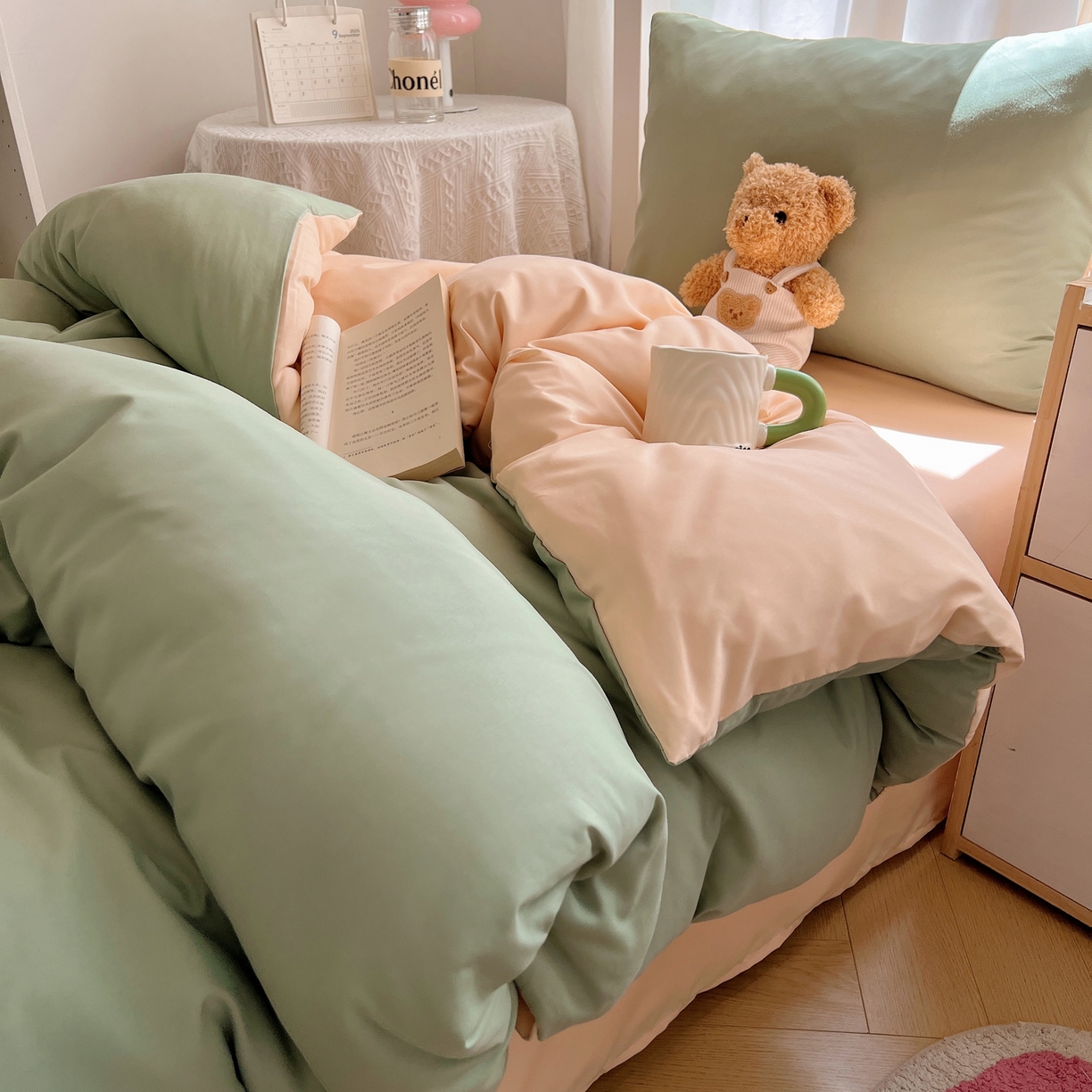 91家纺网 家纺一手货源 找家纺 缦绣阁家纺 2026新款亲肤水洗棉纯色四件套床单被罩被套单件学生宿舍上下铺单人三件套 浅绿浅驼