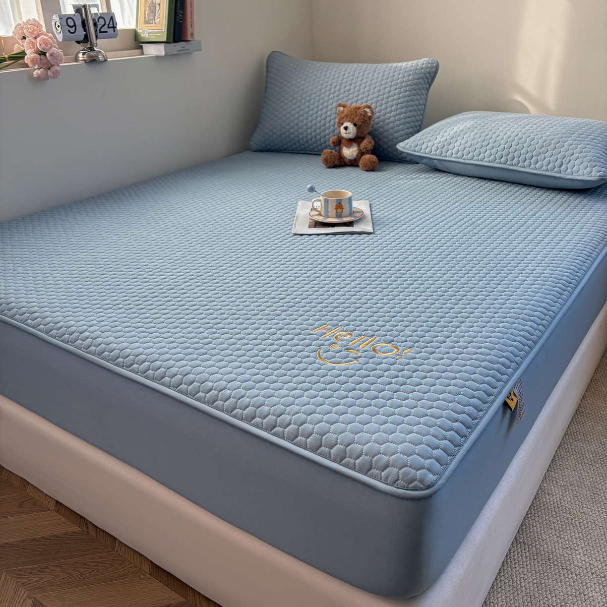 91家纺网 家纺一手货源 找家纺 居眠 2026新款微笑全棉夹棉单床笠床笠单件 微笑-蓝色