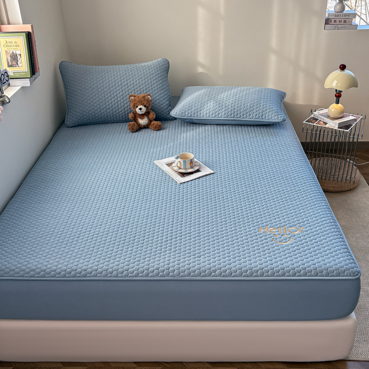 91家纺网 家纺一手货源 找家纺 居眠 2026新款微笑全棉夹棉单床笠床笠单件 微笑-蓝色