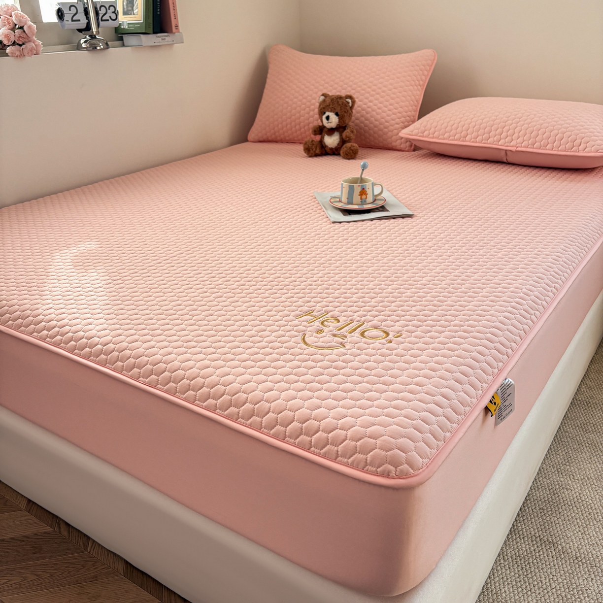 91家纺网 家纺一手货源 找家纺 居眠 2026新款微笑全棉夹棉单床笠床笠单件 微笑-粉色