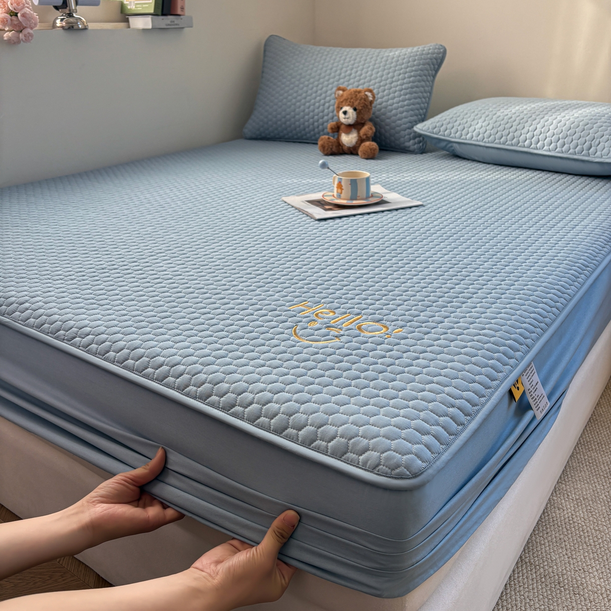 91家纺网 家纺一手货源 找家纺 居眠 2026新款微笑全棉夹棉单床笠床笠单件 微笑-蓝色