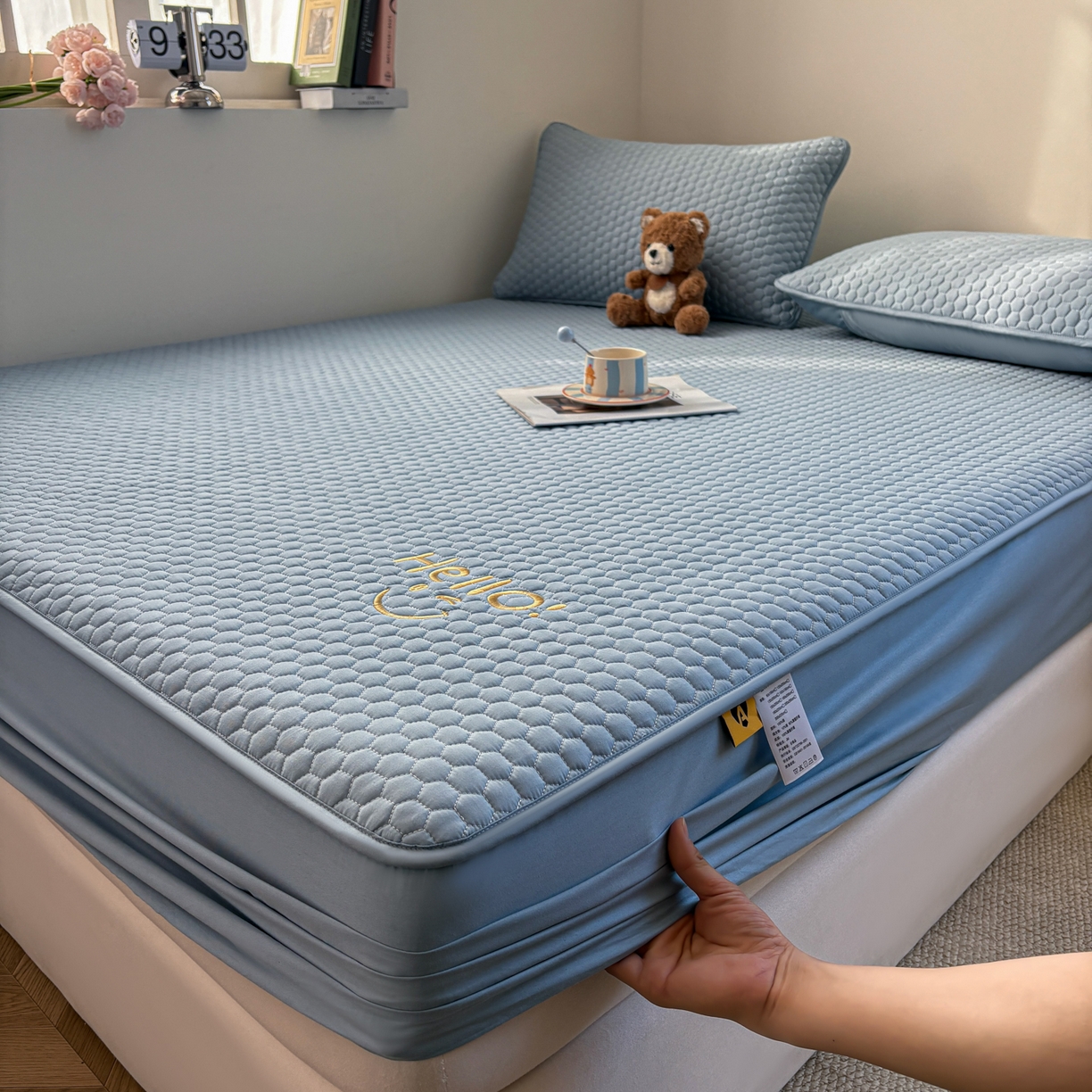 91家纺网 家纺一手货源 找家纺 居眠 2026新款微笑全棉夹棉单床笠床笠单件 微笑-蓝色