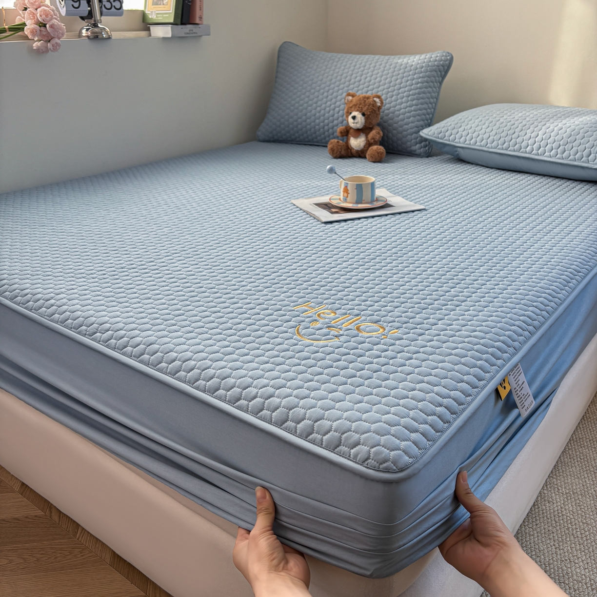 91家纺网 家纺一手货源 找家纺 居眠 2026新款微笑全棉夹棉单床笠床笠单件 微笑-蓝色