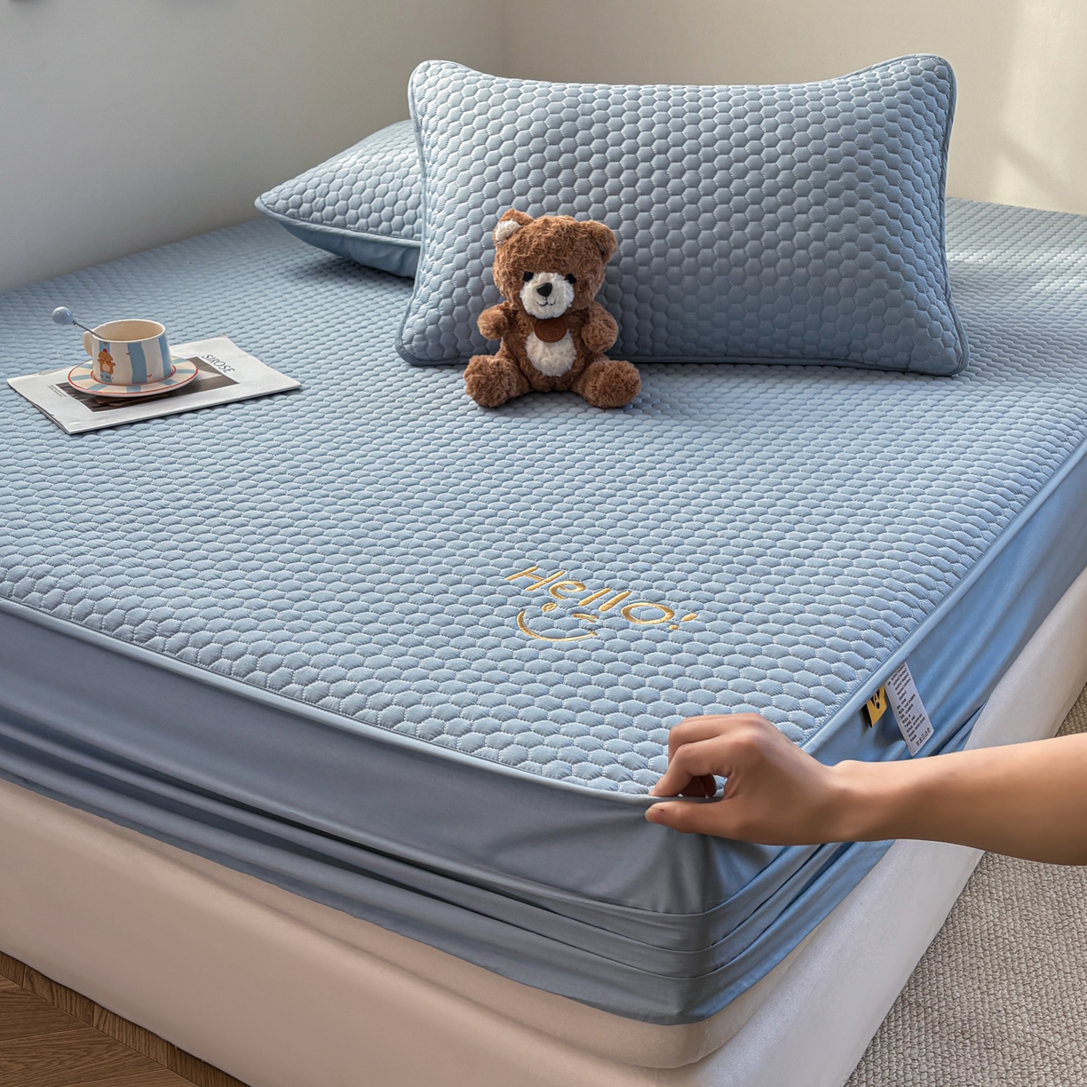 91家纺网 家纺一手货源 找家纺 居眠 2026新款微笑全棉夹棉单床笠床笠单件 微笑-蓝色