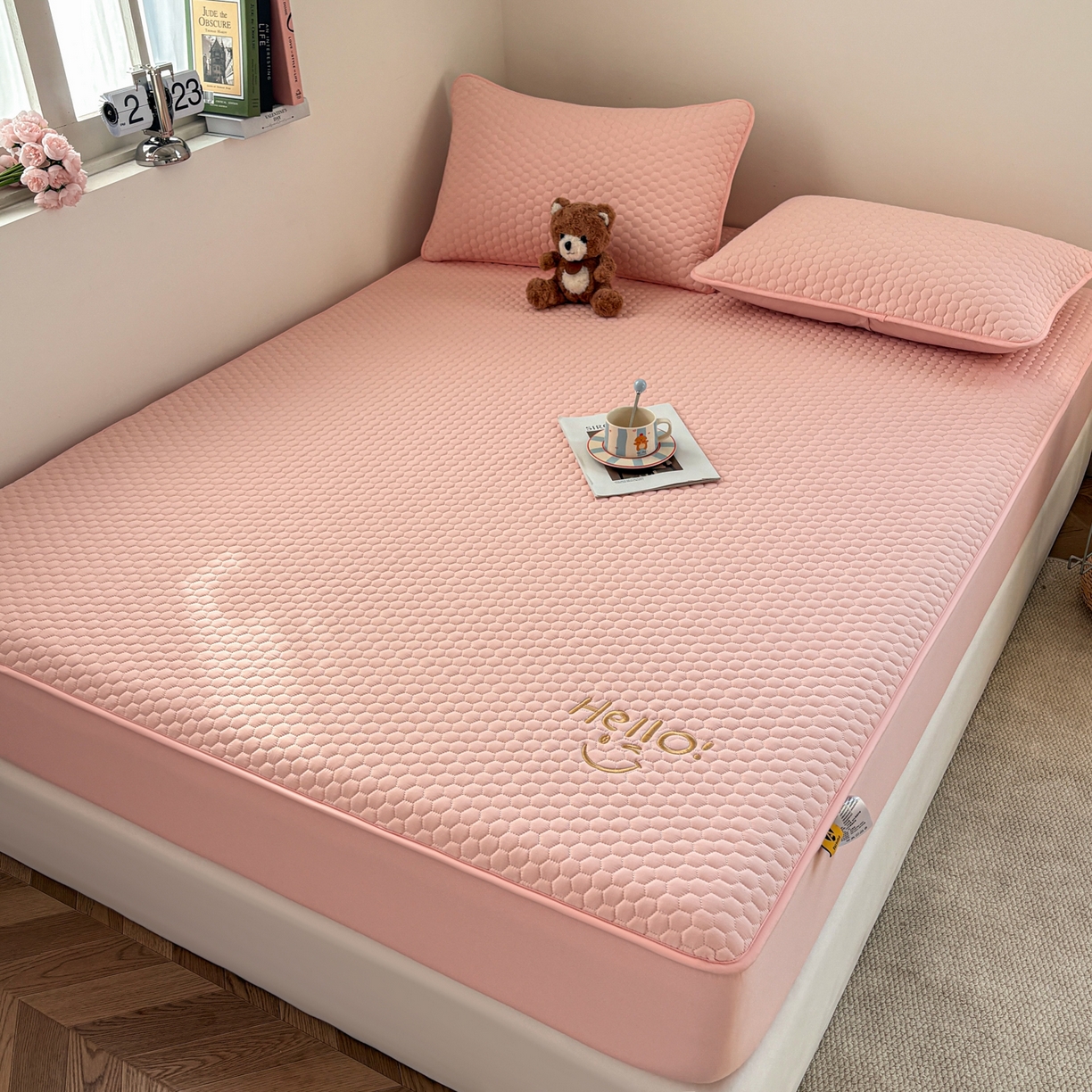 91家纺网 家纺一手货源 找家纺 居眠 2026新款微笑全棉夹棉单床笠床笠单件 微笑-粉色