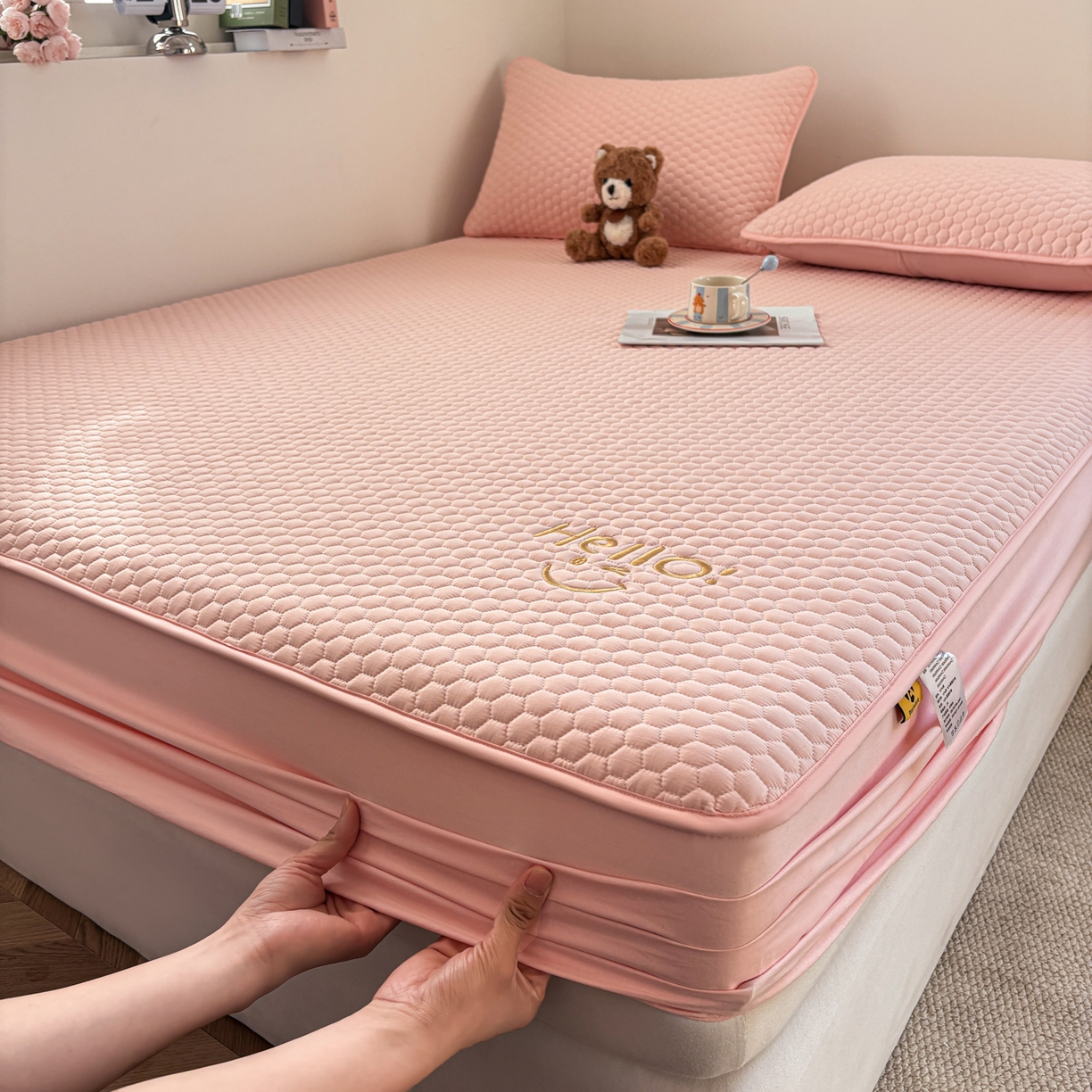 91家纺网 家纺一手货源 找家纺 居眠 2026新款微笑全棉夹棉单床笠床笠单件 微笑-粉色