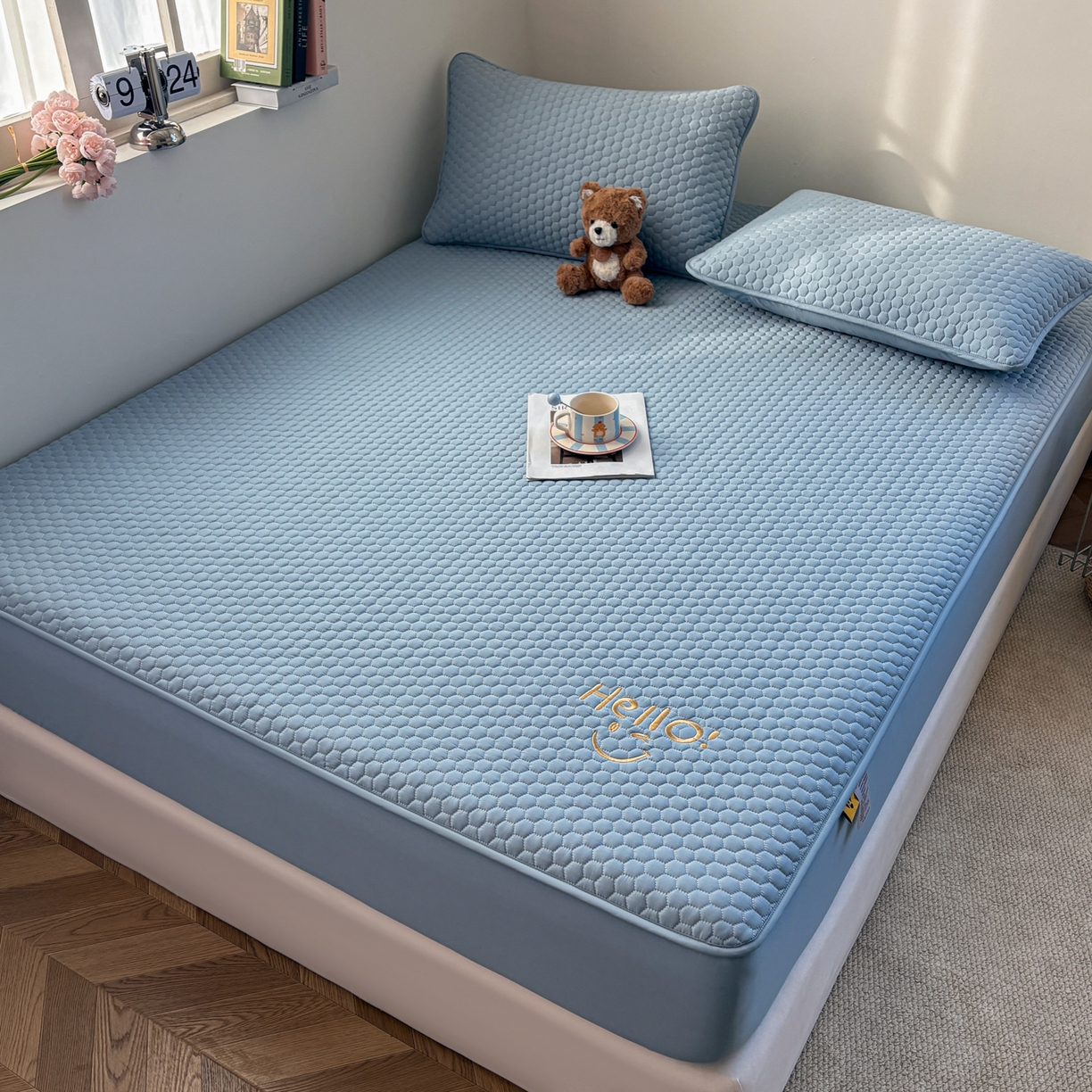 91家纺网 家纺一手货源 找家纺 居眠 2026新款微笑全棉夹棉单床笠床笠单件 微笑-蓝色