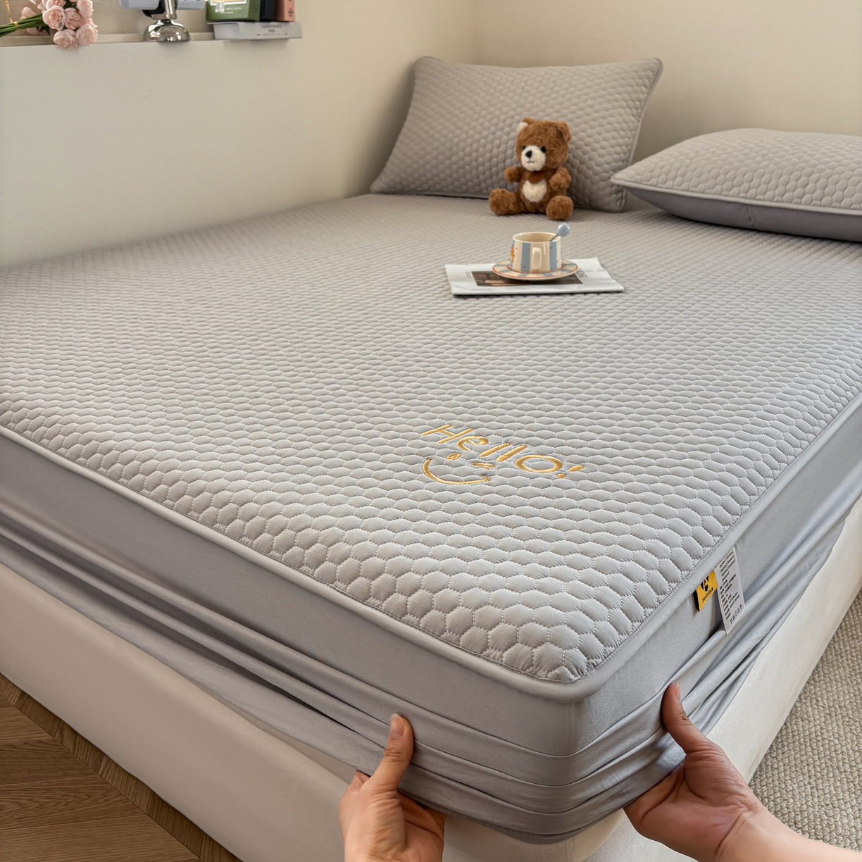 91家纺网 家纺一手货源 找家纺 居眠 2026新款微笑全棉夹棉单床笠床笠单件 微笑-灰色