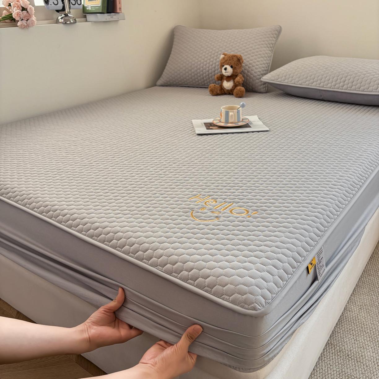 91家纺网 家纺一手货源 找家纺 居眠 2026新款微笑全棉夹棉单床笠床笠单件 微笑-灰色