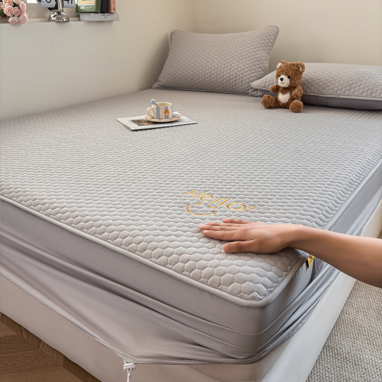 91家纺网 家纺一手货源 找家纺 居眠 2026新款微笑全棉夹棉单床笠床笠单件 微笑-灰色