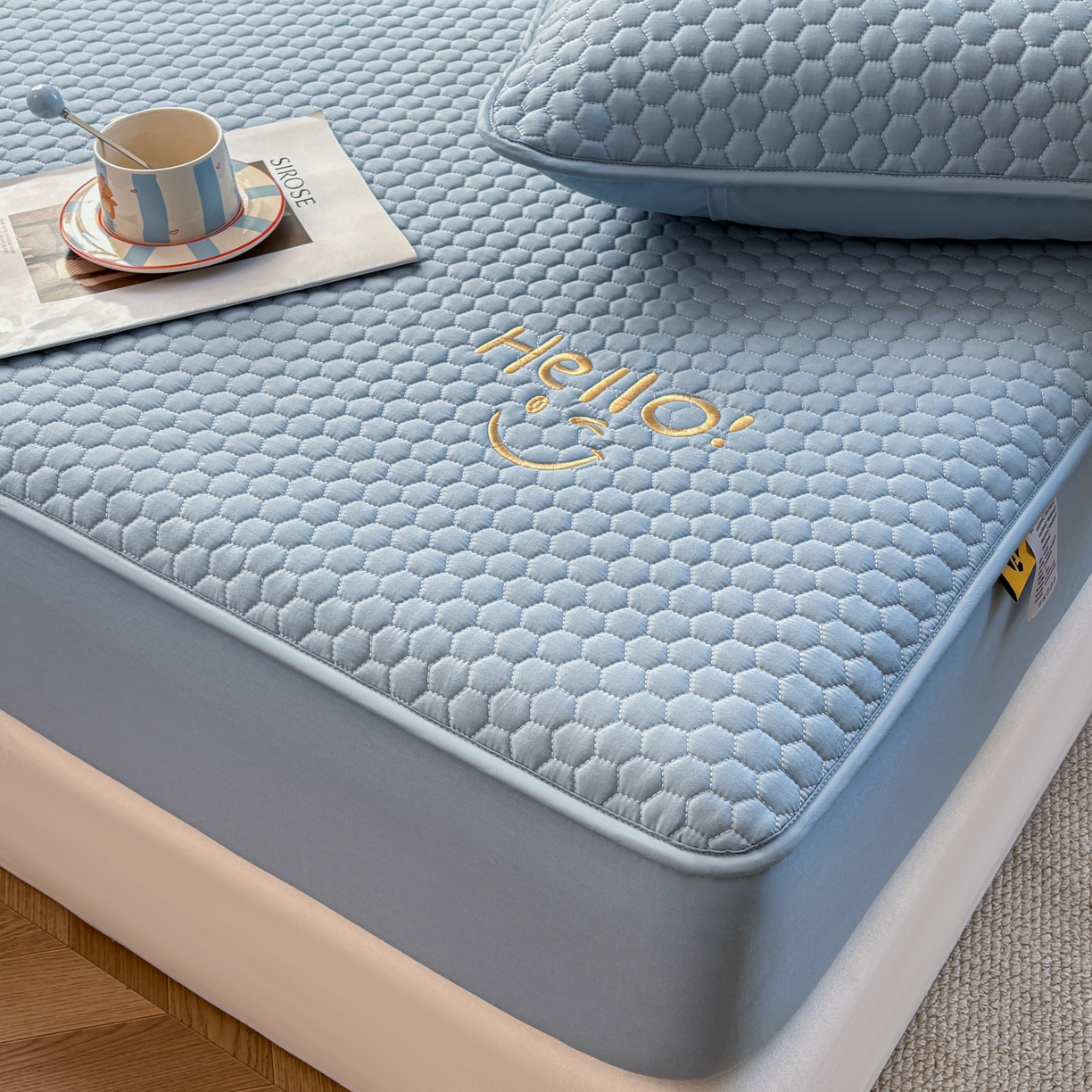 91家纺网 家纺一手货源 找家纺 居眠 2026新款微笑全棉夹棉单床笠床笠单件 微笑-蓝色