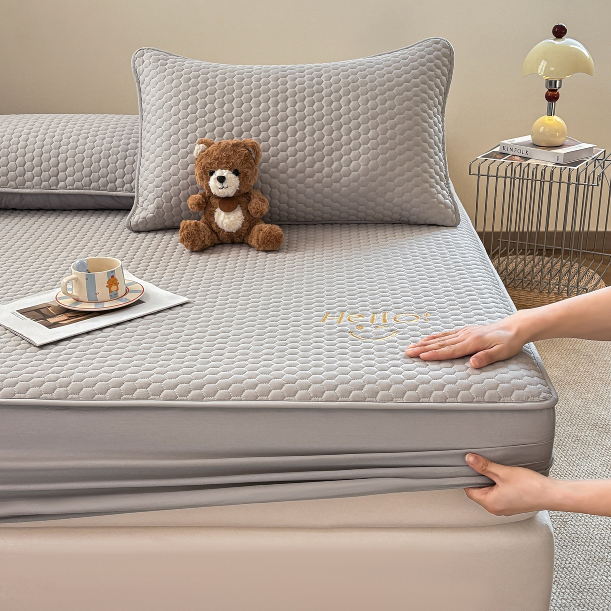 91家纺网 家纺一手货源 找家纺 居眠 2026新款微笑全棉夹棉单床笠床笠单件 微笑-灰色