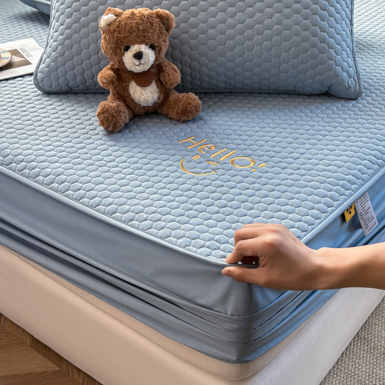 91家纺网 家纺一手货源 找家纺 居眠 2026新款微笑全棉夹棉单床笠床笠单件 微笑-蓝色