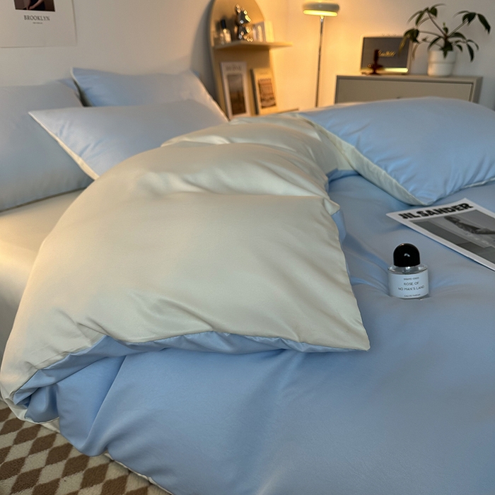 91家纺网 家纺一手货源 找家纺 缦绣阁家纺  2026新款夏季轻奢水洗冰丝四件套真丝简约纯色被罩被套学生宿舍三件套-洛可可系列 洛可可-天空兰+芝士