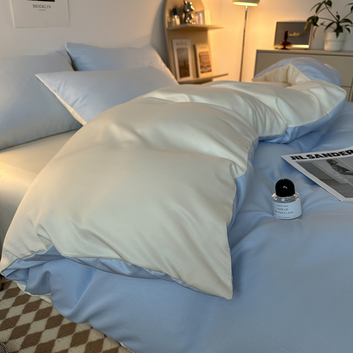 91家纺网 家纺一手货源 找家纺 缦绣阁家纺  2026新款夏季轻奢水洗冰丝四件套真丝简约纯色被罩被套学生宿舍三件套-洛可可系列 洛可可-天空兰+芝士
